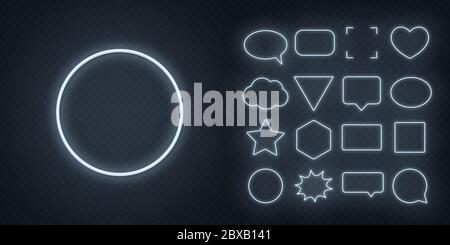 Set di cornici al neon bianche con luce soffusa su sfondo trasparente. Bolla vocale, quadrato, cerchio, stella, triangolo, cuore, esagono e altri illuminanti n Illustrazione Vettoriale