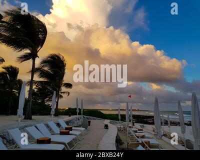 Palme al tramonto con il vento al Grand Palladium Resort di Cancun, Messico. Foto Stock