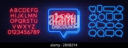 25% di sconto al neon. Modello per un progetto con cornici a bolle vocali. Alfabeto al neon su sfondo murario in mattoni. Illustrazione Vettoriale