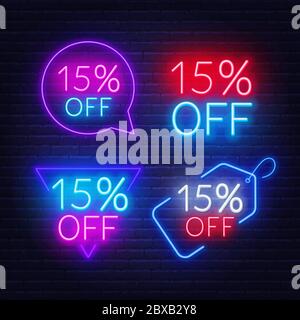 15% di sconto su set di cartelli al neon su sfondo scuro. Sconto per la promozione di vendita. Illustrazione Vettoriale