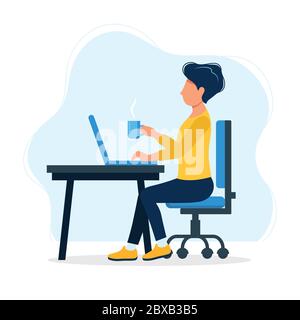 Illustrazione del concetto di lavoro di ufficio con un lavoratore di ufficio felice seduto al tavolo. Lavoratore felice. Illustrazione vettoriale in stile piatto Illustrazione Vettoriale