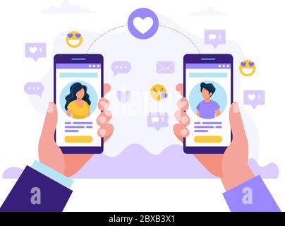 App di servizio di incontri, uomo e donna che tengono smartphone con l'altro profilo. Relazione virtuale, conoscenza in rete sociale. Vettore Illustrazione Vettoriale