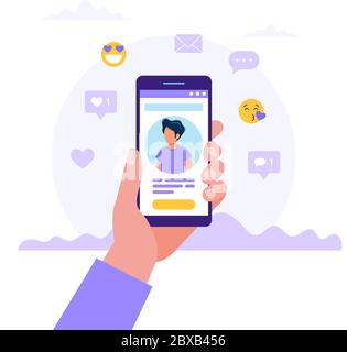 App di servizio di datazione, smartphone con mano e foto uomo. Relazione virtuale, conoscenza in rete sociale. Illustrazione vettoriale in stile piatto Illustrazione Vettoriale