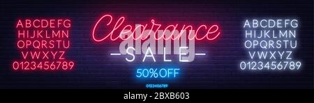 Cartello al neon di vendita su sfondo scuro. Alfabeto al neon su sfondo scuro. Modello per il progetto. Illustrazione Vettoriale