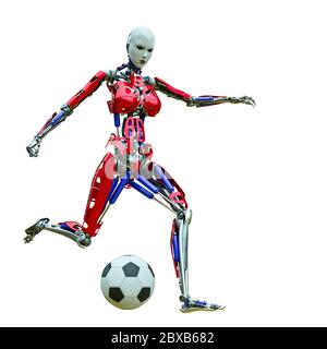 cyborg ragazza che gioca a calcio, illustrazione 3d Foto Stock
