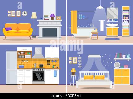 Interni moderni graziosi appartamenti - soggiorno, cucina, bagno, camera da letto, design della casa. Illustrazione vettoriale in stile piatto in viola in giallo. Illustrazione Vettoriale