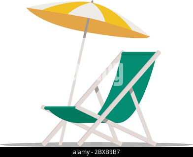 Sdraio da spiaggia con ombrellone isolato su sfondo bianco. Estate vacanza concetto illustrazione, mare riva, relax. Illustrazione vettoriale in stile piatto Illustrazione Vettoriale