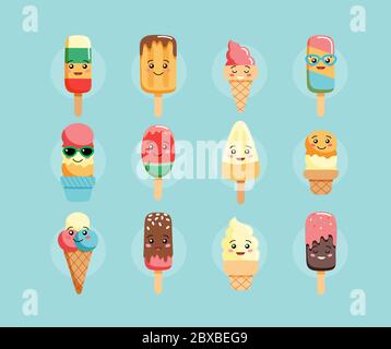 Simpatici gelati kawaii, raccolta di gelati, sapori diversi. Illustrazione vettoriale in stile piatto Illustrazione Vettoriale
