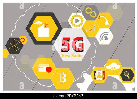 Infografica vettoriale 5G in giallo, rosso, grigio e bianco con concetti di settore intelligente, casa intelligente, pagamento sicuro e cloud computing. Foto Stock