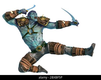 il guerriero orc salta con spade, illustrazione 3d Foto Stock