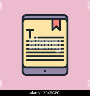 E-book. Illustrazione del concetto di marketing digitale, banner stile lineare dal design piatto. Utilizzo per newsletter via e-mail, intestazioni, post di blog, stampa e altro ancora. Illustrazione Vettoriale