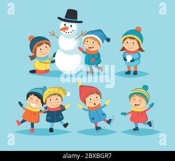 Bambini invernali con bambini diversi che giocano all'aperto, facendo pupazzo di neve, pattinaggio su ghiaccio. Illustrazione vettoriale in stile piatto Illustrazione Vettoriale