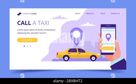 Chiama una pagina di atterraggio del taxi. Illustrazione concettuale con taxi e una mano che tiene uno smartphone. Illustrazione Vettoriale