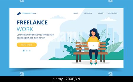 Modello di pagina di lavoro freelance. Donna che lavora con un computer portatile nel parco. Illustrazione per il freelancing, il lavoro remoto. Illustrazione Vettoriale
