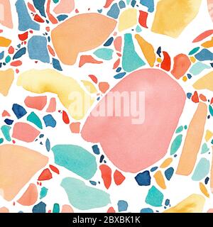 Motivo senza cuciture acquerello terrazzo. Ornamento disegnato a mano per avvolgere la carta con gocce e punti colorati. Colori pastello e luminosi. Granito testurizzato Foto Stock