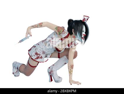 infermiere halloween in azione vista laterale. Questo incubo di donna vintage nel tracciato di ritaglio è molto utile per le creazioni di disegno grafico, illustrazione 3d Foto Stock