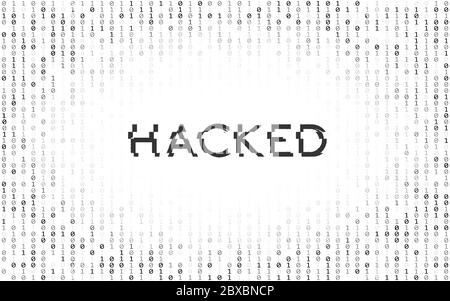 Hacked glitch con effetto matrice. Codice binario su sfondo bianco. Concetto di attacco hacker. Errore dati digitali. Cifre in discesa astratte. Vettore Illustrazione Vettoriale