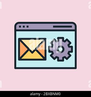 Automazione e-mail. Illustrazione del concetto di marketing digitale, banner stile lineare dal design piatto. Utilizzo per newsletter via e-mail, intestazioni, post di blog, stampa Illustrazione Vettoriale
