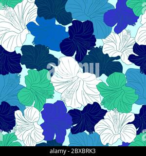 motivo senza cuciture di fiori di ibisco in blu e ciano Illustrazione Vettoriale