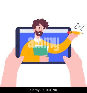 Il bambino ha le mani che si aggancano sul tablet. Utilizzo di PC tablet digitale per lezioni a distanza, video corso, seminario Web, lezione su Internet, servizio personale per insegnanti Illustrazione Vettoriale