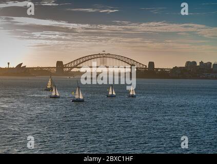 Vista incredibile delle barche a vela a Sydney golf al tramonto con il Sydney Harbour Bridge sullo sfondo Foto Stock