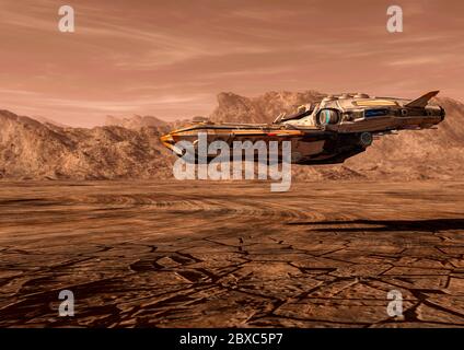 navicella spaziale super alien che vola a mars vista laterale. Questa nave in clipping percorso metterà un po 'di divertimento per le tue creazioni, illustrazione 3d Foto Stock