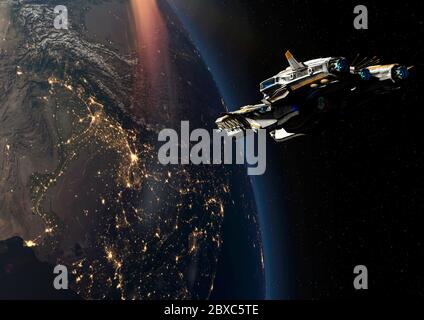 la navicella spaziale super alien sta arrivando sulla terra. Questa nave in clipping percorso metterà un po 'di divertimento per le tue creazioni, illustrazione 3d Foto Stock