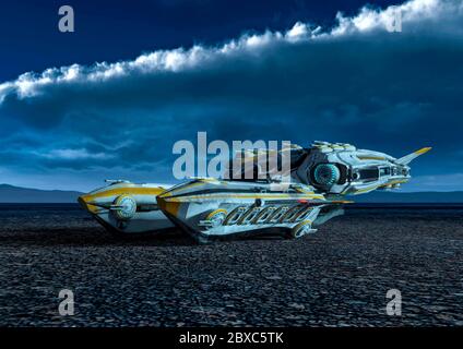 astronave super aliena su deserto scuro. Questa nave in clipping percorso metterà un po 'di divertimento per le tue creazioni, illustrazione 3d Foto Stock