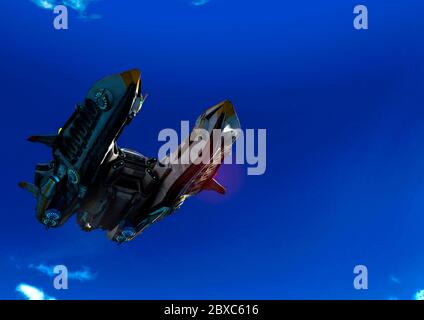 super alien navicella spaziale che passa. Questa nave in clipping percorso metterà un po 'di divertimento per le tue creazioni, illustrazione 3d Foto Stock