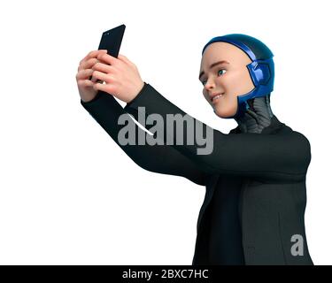 cyborg business boy scattando una foto da sé. Questo uomo cybernetico nel tracciato di ritaglio è molto utile per le creazioni di disegno grafico, illustrazione 3d Foto Stock