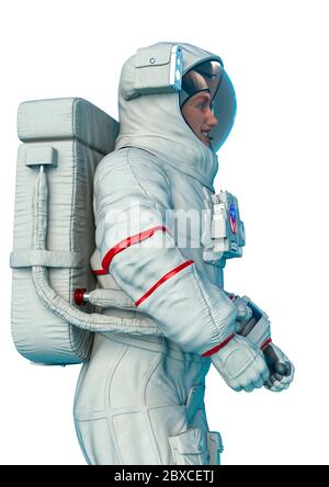 vista laterale dello spazio degli astronauti da vicino su sfondo bianco. Questo super eroe nel tracciato di ritaglio è molto utile per le creazioni di grafica, illustri 3d Foto Stock