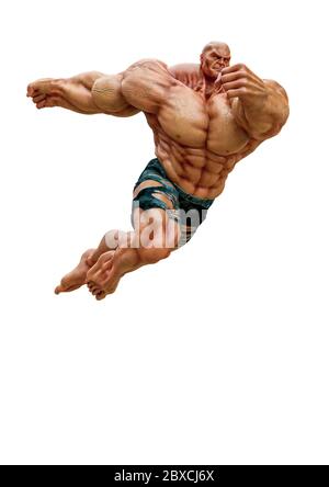 super muscleman smash il viso in uno sfondo bianco. Questo muscle man nel tracciato di ritaglio è molto utile per le creazioni di disegno grafico, illustrat 3d Foto Stock