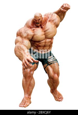 super muscleman smash il viso in uno sfondo bianco. Questo muscle man nel tracciato di ritaglio è molto utile per le creazioni di disegno grafico, illustrat 3d Foto Stock