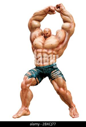 super muscleman smash il viso in uno sfondo bianco. Questo muscle man nel tracciato di ritaglio è molto utile per le creazioni di disegno grafico, illustrat 3d Foto Stock