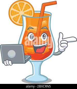 Personaggio cartoon intelligente di mai tai cocktail studiare a casa con un computer portatile Illustrazione Vettoriale