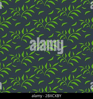 Lascia un motivo senza giunture. Bambù foglia verde fiore sfondo silhouette. Grafica foglie di palmo su sfondo scuro. Per sfondi di pagine web, texture di superficie, tessuto. Illustrazione vettoriale Illustrazione Vettoriale