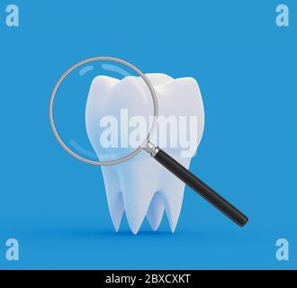 Dente sotto una lente di ingrandimento. Ricerca e diagnosi di malattie dei denti concetto. illustrazione 3d Foto Stock