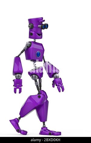 divertente robot cartoon viola solo camminando su uno sfondo bianco. Questo ragazzo metterà un po 'di divertimento nelle tue creazioni, illustrazione 3d Foto Stock