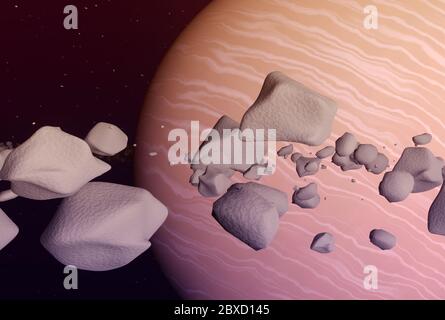 Pianeta Saturno primo piano, con anelli. Mondo esterno al nostro sistema solare. Tutti gli elementi d'arte fatti da me. illustrazione 3d Foto Stock