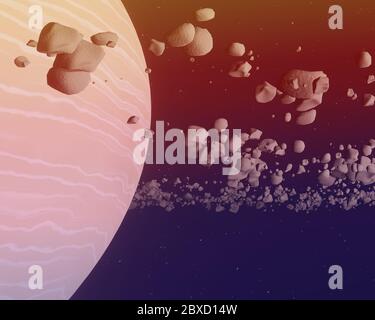 Pianeta Saturno primo piano, con anelli. Mondo esterno al nostro sistema solare. Tutti gli elementi d'arte fatti da me. illustrazione 3d Foto Stock