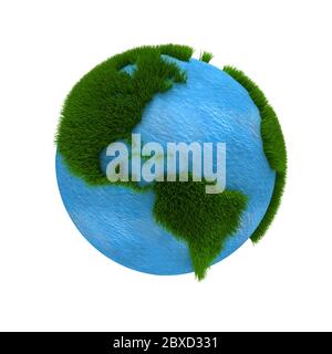 Concetto ecologico della Terra 3D. Pianeta Terra resa con i continenti ricoperti di erba e un'acqua blu ondulata per gli oceani Foto Stock