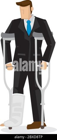 Personaggio business cartoon gravemente ferito in costume con una gamba rotta che cammina sulle stampelle. Illustrazione vettoriale isolata. Illustrazione Vettoriale