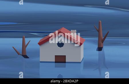 casa di inondazione con acqua in aumento. rendering 3d Foto Stock