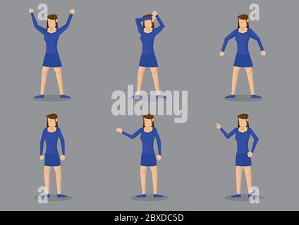 Illustrazione vettoriale di giovane ragazza in corpo blu vestendo corto abito e scarpe blu corrispondenti in diversi gesti. Carattere vettoriale isolato su ba grigia Illustrazione Vettoriale