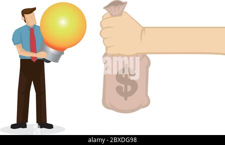 La mano gigante tiene lo scambio di denaro con un uomo d'affari che tiene una lampadina. Acquisto di idea. Investire nel concetto di business dell'innovazione. Illustrazione vettoriale Illustrazione Vettoriale