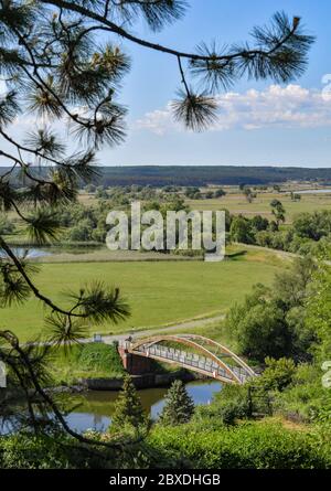 02 giugno 2020, Brandeburgo, Stützkow: Vista da un punto di vista sopra il piccolo villaggio Stützkow nel quartiere Uckermark al parco nazionale Unteres-Odertal. Il Parco Nazionale della bassa Oder Valley è stato fondato nel 1995 dopo cinque anni di preparazione e copre una superficie di 10,500 ettari. La valle dell'Oder è uno degli ultimi paesaggi quasi naturali delle pianure alluvionali dell'Europa centrale occidentale, con un gran numero di specie animali e vegetali in pericolo. Foto: Patrick Pleul/dpa-Zentralbild/ZB Foto Stock