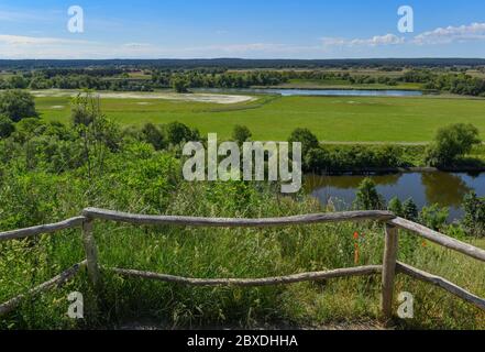 02 giugno 2020, Brandeburgo, Stützkow: Vista da un punto panoramico sopra il piccolo villaggio Stützkow nel quartiere di Uckermark sul canale Hohensaaten-Friedrichsthaler (di fronte) e dietro di esso la zona polder. Il Parco Nazionale della bassa Oder Valley è stato istituito nel 1995 dopo cinque anni di preparazione e copre una superficie di 10,500 ettari. La valle dell'Oder è uno degli ultimi paesaggi quasi naturali delle pianure alluvionali dell'Europa centrale occidentale, con un gran numero di specie animali e vegetali in pericolo. Foto: Patrick Pleul/dpa-Zentralbild/ZB Foto Stock