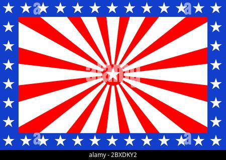 Poster con i colori della bandiera americana in blu, rosso e bianco. Sfondo con raggi e stelle. Illustrazione Vettoriale