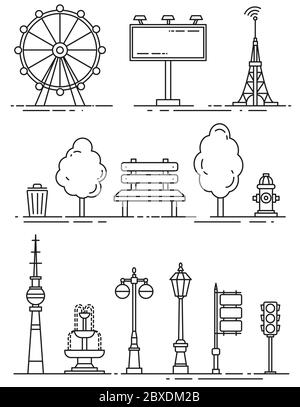 elementi della città vettoriale delimitali insieme di icone isolate Illustrazione Vettoriale
