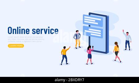 Gruppo di persone che si aggirano intorno al grande smartphone. Comunicazione online e concetto di social media. Illustrazione vettoriale Illustrazione Vettoriale